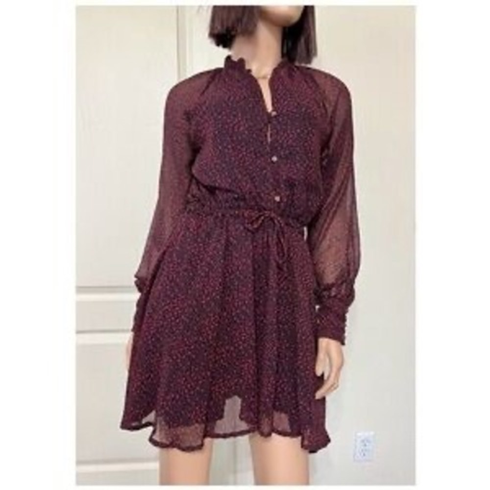 Cleobella Burgundy Ditsy Floral Mock Neck Mini Dress XS Sheer Long Sleeve Boho